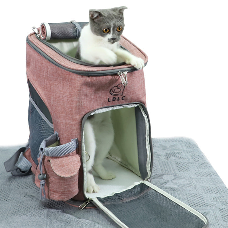 Cat inside pink pet carrier backpack on a gray mat.