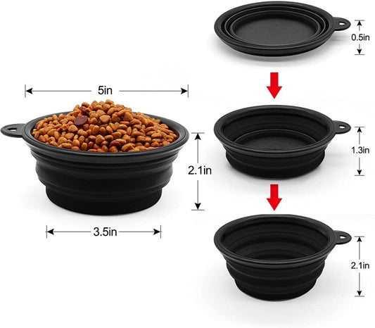 Collapsible black pet bowl with measurement labels; 5-inch diameter, 2.1-inch height; includes bowl filled with kibble and collapsed versions on white background.