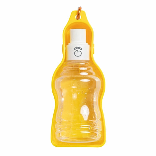 Yellow pet water bottle dispenser with fold-out bowl and paw print on cap