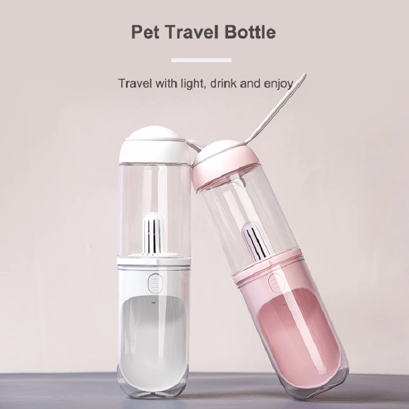 Outdoor travel pet water bottle dispenser for dogs and cats (pink and white).