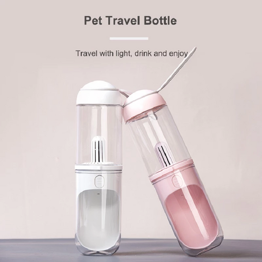 Outdoor travel pet water bottle dispenser for dogs and cats (pink and white).